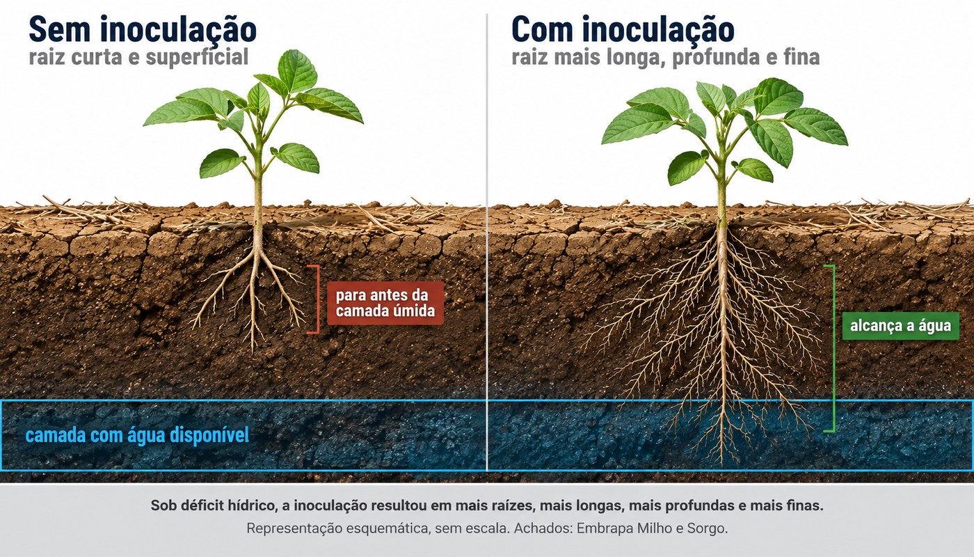 Esquema comparando duas plantas sob déficit hídrico: à esquerda, sem inoculação, raiz curta que para antes da camada úmida do solo; à direita, com inoculação, raízes mais longas, profundas e finas que alcançam a camada com água disponível