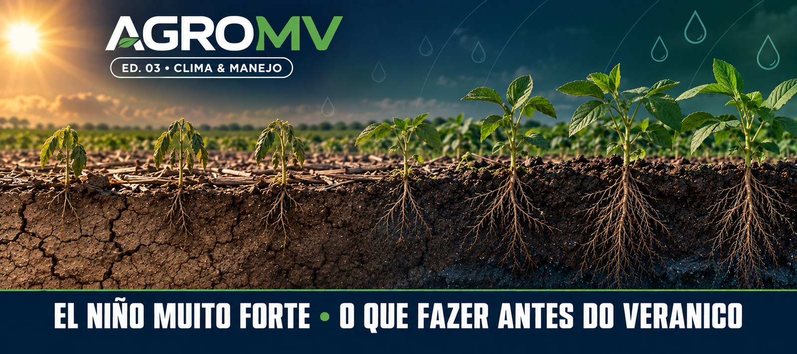 Capa da Edição 03 do AGROMV Semanal: lavoura em corte de solo, com plantas murchas e solo rachado sob sol forte à esquerda, e plantas vigorosas com raízes profundas em solo úmido à direita, com a chamada El Niño muito forte, o que fazer antes do veranico