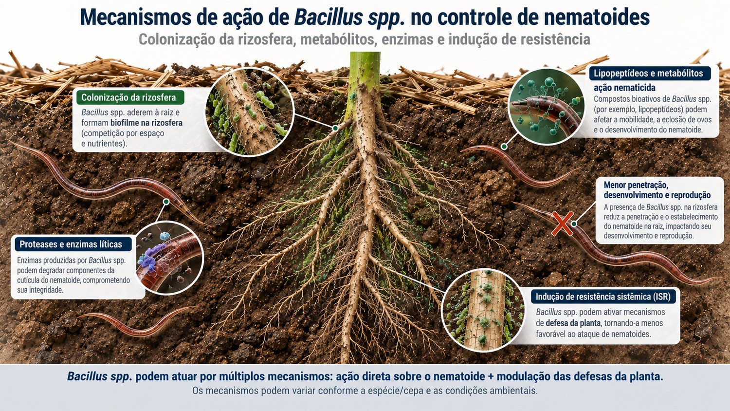 Infográfico dos mecanismos de ação de Bacillus no controle de nematoides: colonização da rizosfera com formação de biofilme, lipopeptídeos e metabólitos com ação nematicida, proteases e enzimas líticas que degradam a cutícula, menor penetração e reprodução do nematoide, e indução de resistência sistêmica na planta