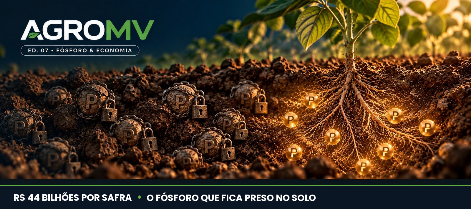 Capa da Edição 07 do AGROMV Semanal: lavoura de soja sobre solo exposto, simbolizando o fósforo retido e não absorvido pela planta